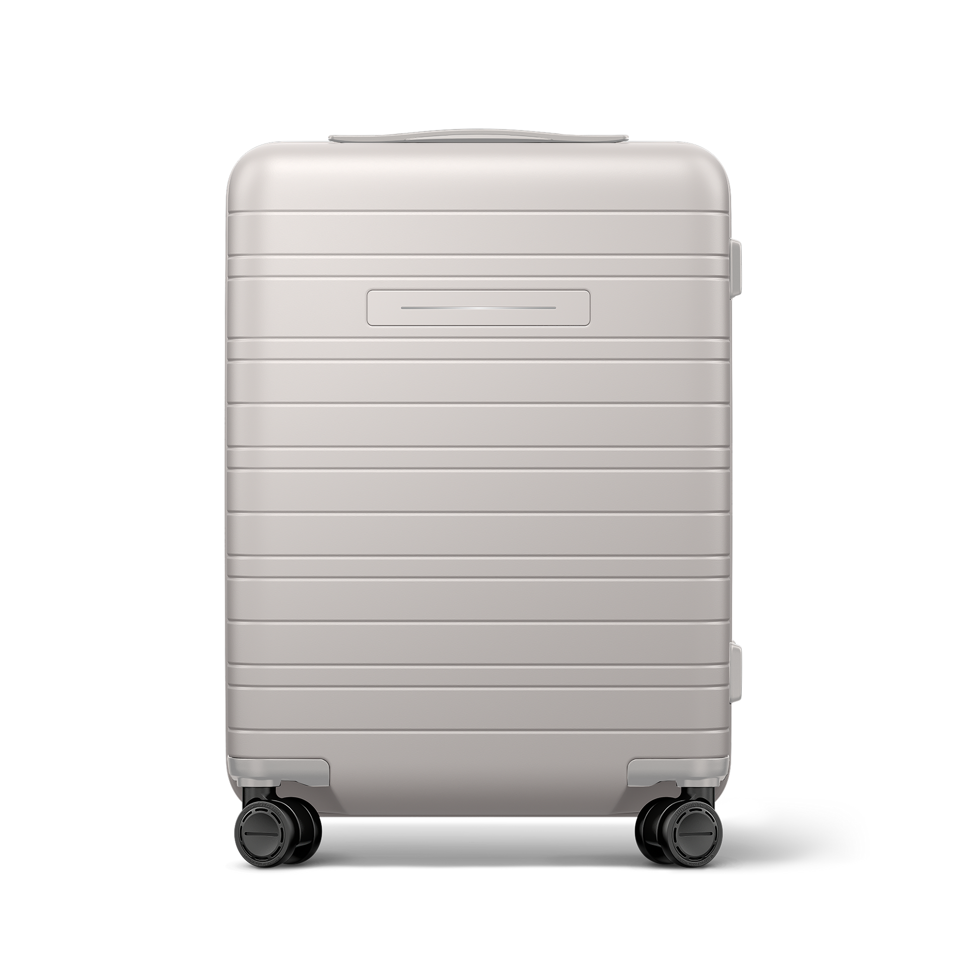 Beige suitcase with wheels on a white background