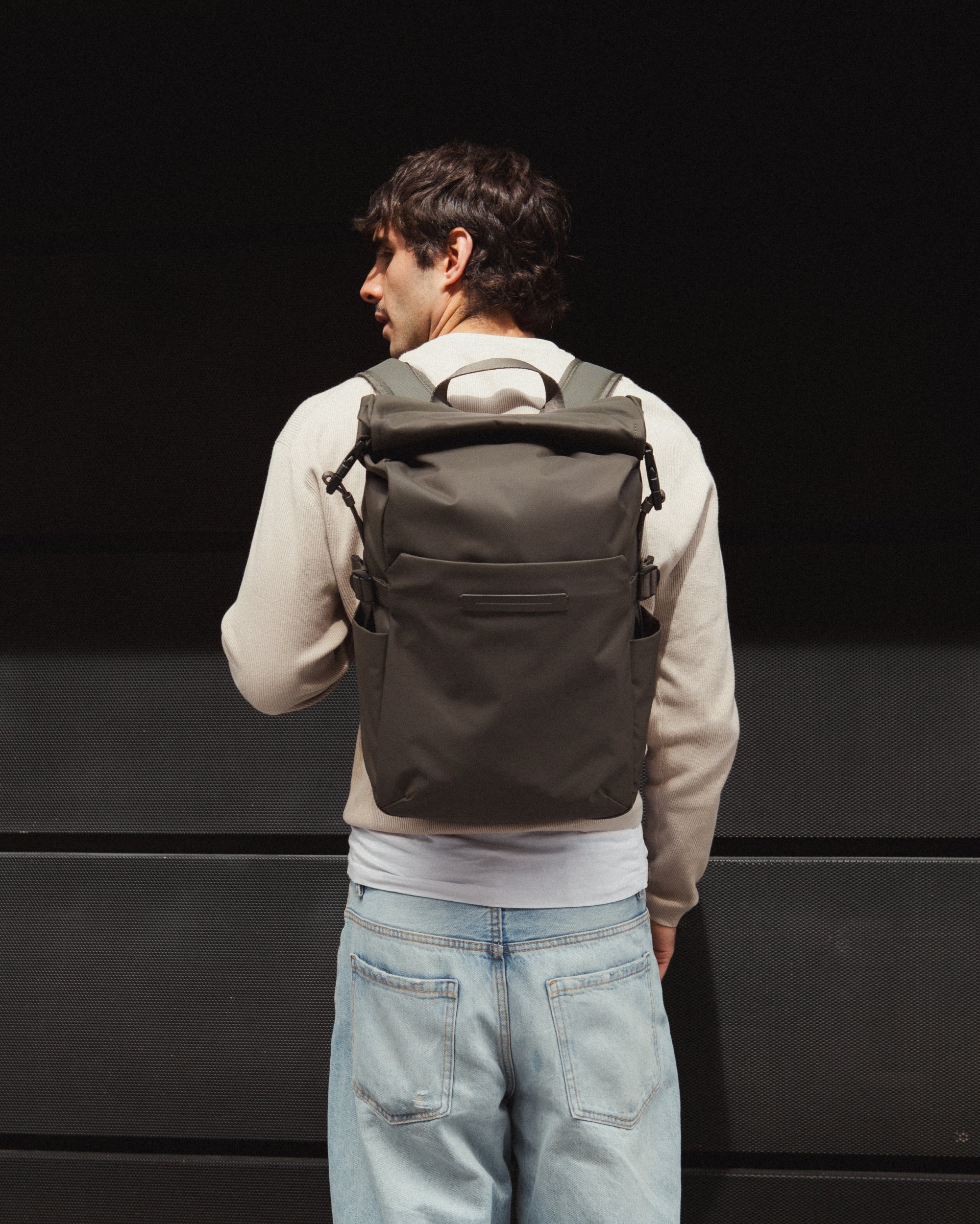 Customer photo featuring Shibuya Rolltop Backpack / Dark Olive / Recycled Nylon