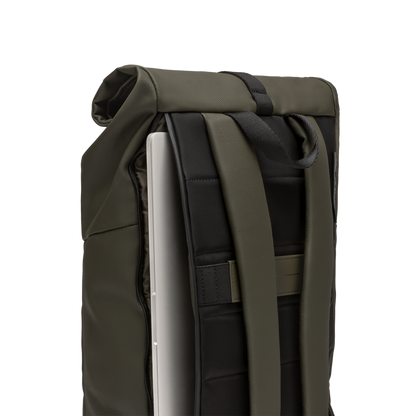Sofo Rolltop Rucksack Rucksack Rucksack Grün Detail Laptop - Wasserabweisend Vegan Ergonomisch - Horizn Studios